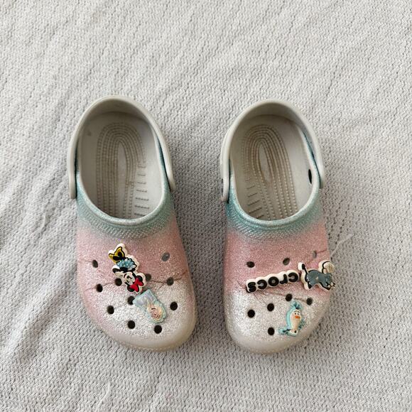 Crocs Pink, Blue, Silver Sparkle Shoes with Disney Jibbitz - Size J1 - Picture 4 of 7